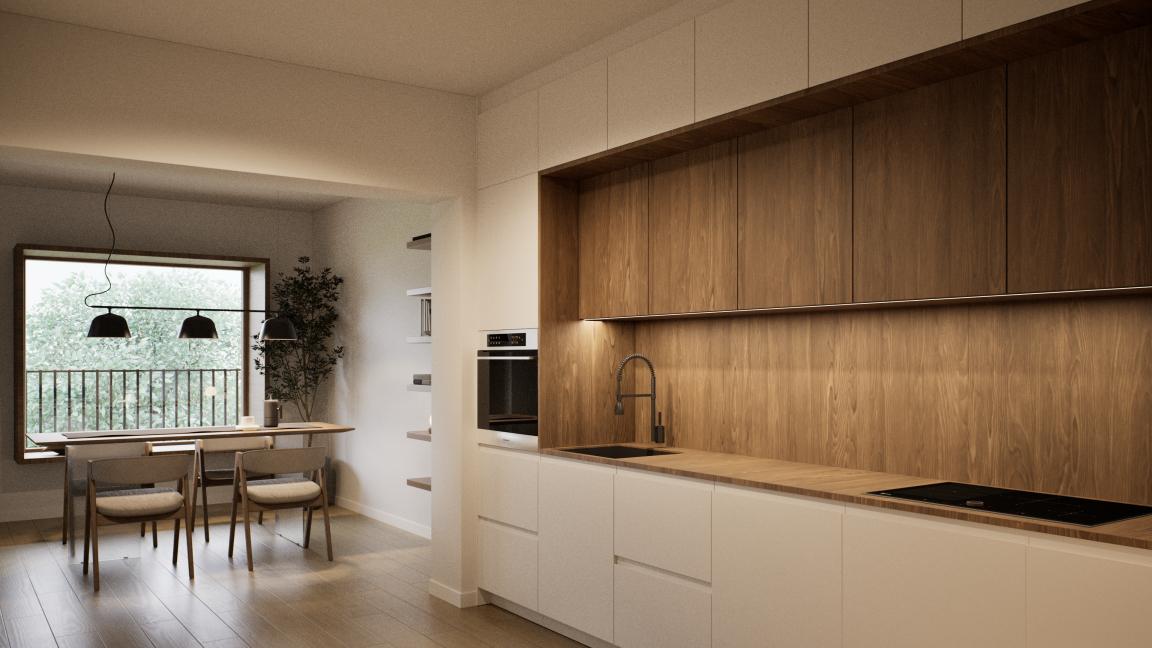 Wohnküche mit Holz und Cremetönen im Standard-Apartment